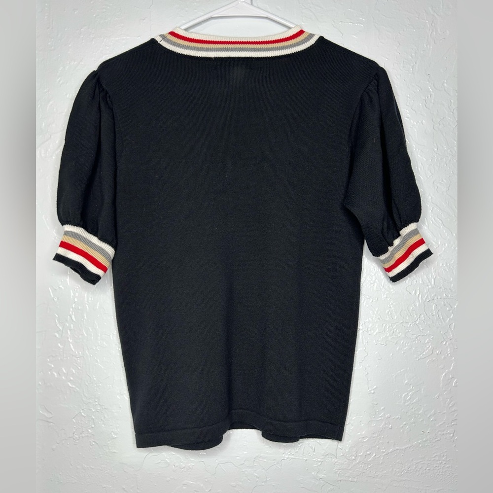 Anthropologie Black Crew Neck Sweater with Red and White Accents - Picture 3 of 5
